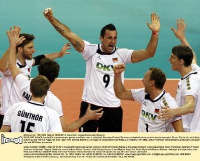 09.05.2012 Sofia(Bulgaria) European olympic games qualifiers men s volleyball Germany-Finland Germans volleyball players celebrate during match Simon Tischer(L) with György Grozer(c) and Marcus Popp(2nd from right) with Marcus Böhme (r) :Stringer in cooperation with 