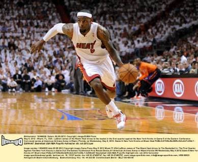 May 9, 2012 - Miami, FL, USA - LeBron James of the Miami Heat drives to the basket in the first quarter against the New York Knicks in Game 5 of the Eastern Conference first-round series at American Airlines Arena in Miami, Florida, on Wednesday, May 9, 2012. Game 5: New York Knicks at Miami Heat - ZUMAm67