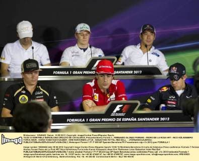 10-05-12 MONTMELO BARCELONA CIRCUITO DE CATALUNYA, Pressekonferenz Formel 1; FERNANDO ALONSO FERRARI - PEDRO DE LA ROSA HRT - NICO HÜLKENBERG FORCE INDIA - KAMUI KOBAYASHI SAUBER - KIMI RAIKKONEN LOTUS - SEBASTIAN VETTEL RED BULL - xFERNANDOxZUERASx 
