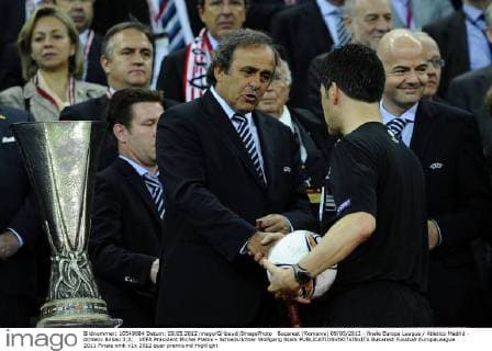 Bucarest (Romania) 09 05 2012 - finale Europa League Atletico Madrid - Athletic Bilbao 3:0; UEFA Präsident Michel Platini - Schiedsrichter Wolfgang Stark 