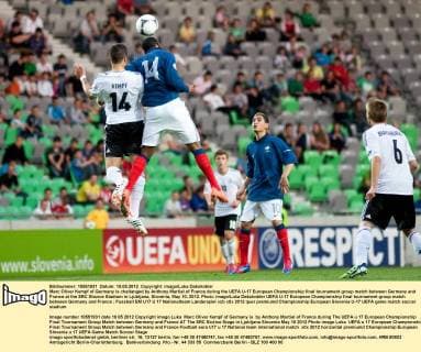 Marc Oliver Kempf of Germany is challanged by Anthony Martial of France during the UEFA U-17 European Championship final tournament group match between Germany and France at the SRC Stozice Stadium in Ljubljana, Slovenia, May 10, 2012. Photo: imago Luka Dakskobler UEFA U-17 European Championship final tournament group match between Germany and France