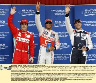 Motorsports: FIA Formula One World Championship 2012, Grand Prix of Spain, 5 Fernando Alonso (ESP, Scuderia Ferrari), 4 Lewis Hamilton (GBR, Vodafone McLaren Mercedes), 18 Pastor Maldonado (VEN, Williams F1), xHOCHxZWEIx
