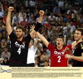 12.05.2012 Sofia(Bulgaria) European olympic games qualifications men s volleyball Bulgaria-Germany semi final Simon Tischer(L) with Markus Steuerwald(c) and Denis Kaliberda(r) Germany celebrate victory and going on Olympic Games in London 2012 :Stringer in cooperation with 