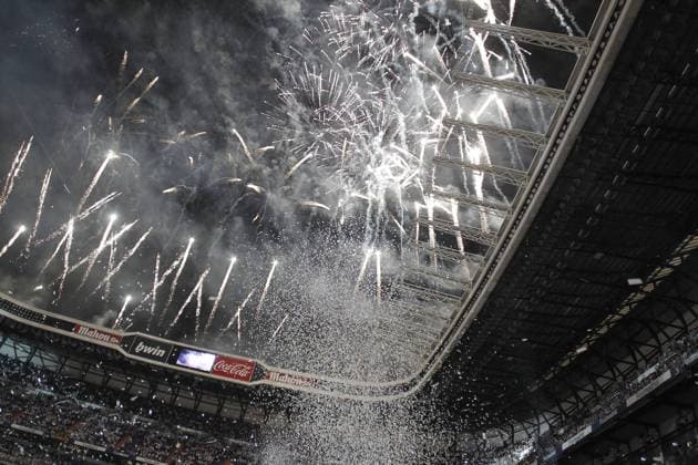 Real Madrid s Santiago Bernabeu Stadium with fireworks during La Liga celebration. May 13, 2012.  (201205132223)