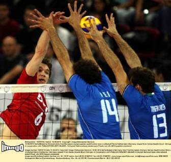 13.05.2012 Sofia(Bulgaria) Germany-Italy final European olympic games qualification men s volleyball Denis Kaliberda(L) Germany stoped from Italian double block :Stringer in cooperation with 