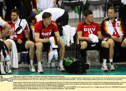 13.05.2012 Sofia(Bulgaria) Germany-Italy final European olympic games qualification men s volleyball Simon Tischer(L)with Jochen Schöps (2L) and Lukas-Immanuel Kampa(3L) and Marcus Popp(r) Germany after lost match :Stringer in cooperation with 