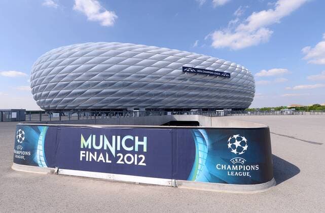 FUSSBALL CHAMPIONS LEAGUE FINALE in Munich 2011 2012 FC Bayern München - FC Chelsea 14.05.2012 Uebersicht der Allianz Arena mit dem Branding für das Finale 
