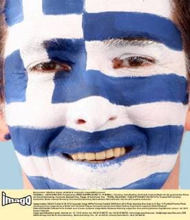 FUSSBALL - UEFA EURO 2012, Fotoshooting GRAZ,AUSTRIA,22.MAI.12 - FUSSBALL, Vorschau, Fotoshooting. Archivbild zeigt ein Model mit der griechischen Fahne als Gesichtsbemalung. Keywords: Bodypainting, Flagge, Griechenland, Fan. - MODEL RELEASED - 