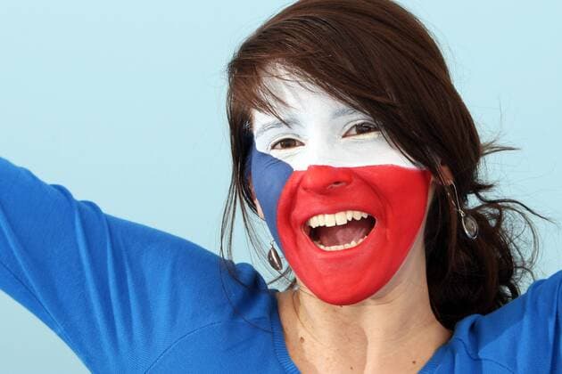 FUSSBALL - UEFA EURO 2012, Fotoshooting GRAZ,AUSTRIA,22.MAI.12 - FUSSBALL, Vorschau, Fotoshooting. Archivbild zeigt ein Model mit der tschechischen Fahne als Gesichtsbemalung. Keywords: Bodypainting, Flagge, Tschechien, Fan. - MODEL RELEASED - 