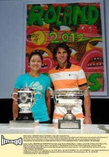 Rafael Nadal (R) of Spain and Li Na of China take part in the draw of the 2012 French Open tennis tournament at the Museum of the French Tennis Federation in Paris, France - 