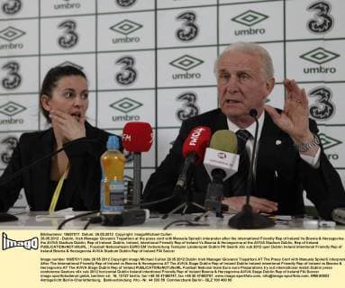 26.05.2012 - Dublin, Irish Manager Giovanni Trapattoni at the press conf with Manuela Spinelli interpreter after the international Friendly Rep of Ireland Vs Bosnia & Herzegovina at the AVIVA Stadium Dublin, Rep of Ireland. Dublin, Ireland, Intentional Friendly Rep of Ireland Vs Bosnia & Herzegovina at the AVIVA Stadium Dublin, Rep of Ireland. 