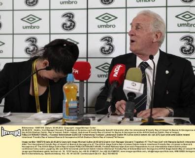 26.05.2012 - Dublin, Irish Manager Giovanni Trapattoni at the press conf with Manuela Spinelli interpreter after the international Friendly Rep of Ireland Vs Bosnia & Herzegovina at the AVIVA Stadium Dublin, Rep of Ireland. Dublin, Ireland, Intentional Friendly Rep of Ireland Vs Bosnia & Herzegovina at the AVIVA Stadium Dublin, Rep of Ireland. 