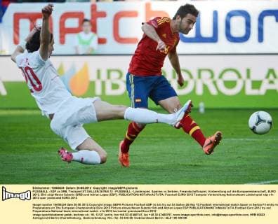 FUSSBALL - ESP vs SRB, Testspiel ST.GALLEN,26.MAI.12 - FUSSBALL - Länderspiel, Spanien vs Serbien, Freundschaftsspiel, Vorbereitung auf die Europameisterschaft, EURO 2012. Bild zeigt Neven Subotic (SRB) und Adrian Lopez (ESP). 