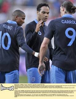 26.05.2012 Oslo, Norway. Ashley Young of England celebrates with Joleon Lescott and Andy Carroll of England after scoring the only goal during the international friendly match between England and Norway at the Ullevaal Stadion in Oslo, Norway xNigelxWaldronx  ActionPlus11281730