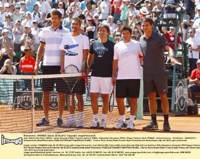 Juan Martin Del Potro (ARG) Julien Escude (FRA) Fabrice Santoro (FRA) Sebastien Grosjean (FRA) Roger Federer (SUI) TENNIS : Roland Garros - Exhibition - 26 05 2012 - GwendolineLeGoff Panoramic 