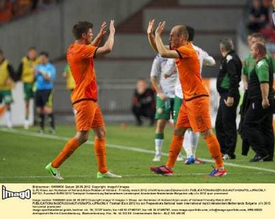 (L-R) Klaas Jan Huntelaar of Holland,Arjen Robben of Holland - Friendly match 2012 xVIxWillemxJanxDijkdrentxIVx 947131