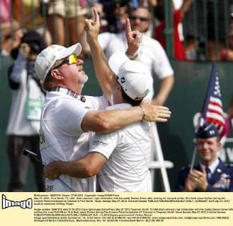 May 27, 2012 - Fort Worth, TX, USA - Zach Johnson, righ, celebrates with his caddy Damon Green after sinking his last putt on No. 18 to beat Jason Dufner during the Crowne Plaza Invitational at Colonial in Fort Worth, Texas, Sunday May 27, 2012. Colonial Sunday - ZUMAm67