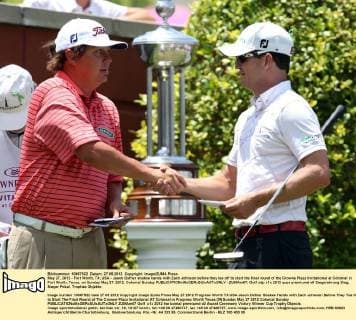 May 27, 2012 - Fort Worth, TX, USA - Jason Dufner shakes hands with Zach Johnson before they tee off to start the final round of the Crowne Plaza Invitational at Colonial in Fort Worth, Texas, on Sunday May 27, 2012. Colonial Sunday - ZUMAm67