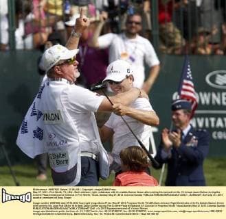 May 27, 2012 - Fort Worth, TX, USA - Zach Johnson, right, celebrates with his caddie Damon Green after sinking his last putt on No. 18 to beat Jason Dufner during the Crowne Plaza Invitational at Colonial in Fort Worth, Texas, Sunday May 27, 2012. Colonial Sunday - ZUMAm67