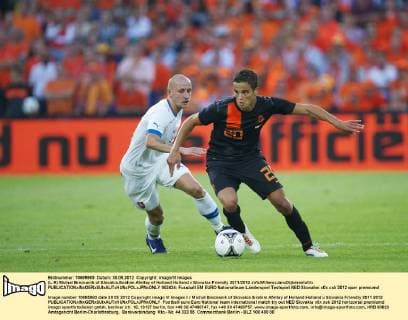 (L-R) Michal Breznanik of Slovakia,Ibrahim Afellay of Holland Holland v Slovakia Friendly 2011 2012 xVIxWillemxJanxDijkdrentxIVx 952434