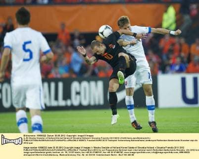 (L-R) Wesley Sneijder of Holland,Kornel Salata of Slovakia Holland v Slovakia Friendly 2011 2012 xVIxWillemxJanxDijkdrentxIVx 952573