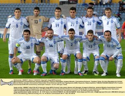 Mannschaftsbild Griechenland mit Georgios Karagounis, Dimitrios Salpangidis, Ionannis Maniatis, Konstantinos Fortounis, Theofanis Gekas, Kyriakos Papadopoulus (hinten); Michail Sifakis, Sokratis, Konstantinos Katsouranis, Chose Cholevas und Avraam Papadopoulus (GRE). Keywords: Mannschaftsfoto. 