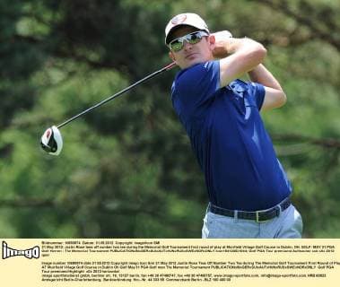 31 May 2012: Justin Rose tees off number two tee during the Memorial Golf Tournament first round of play at Muirfield Village Golf Course in Dublin, OH. GOLF: MAY 31 PGA Golf Herren - The Memorial Tournament Icon154120531044 EDITORIAL USE ONLY