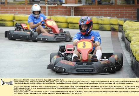 Czech national soccer team players from left: Milan Baros, Tomas Rosicky go-carts ahead of the EURO 2012 in Prague, Czech Republic on May 29, 2012. (CTKxPhoto StanislavxZbynek)  CTKPhoto20243764