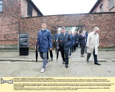 01.06.2012 - MEMBERS OF GERMAN NATIONAL TEAM DURING THE VISIT IN FORMER NAZI CAMP IN AUSCHWITZ - MIROSLAV KLOSE and HERIBERT BRUCHHAGEN -  0J4134