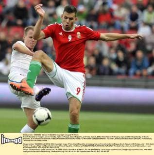 Czech Republic vs Hungary soccer friendly match in Prague, Czech Republic, on Friday, June 1, 2012. Adam Szalai of Hungary, right, and David Limbersky of Czech Republic. (CTKxPhoto VitxSimanek)  CTKPhoto081201206010943101