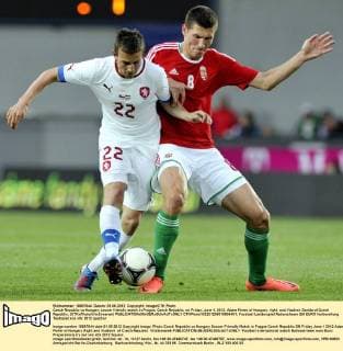 Czech Republic vs Hungary soccer friendly match in Prague, Czech Republic, on Friday, June 1, 2012. Adam Pinter of Hungary, right, and Vladimir Darida of Czech Republic. (CTKxPhoto VitxSimanek)  CTKPhoto102201206010996401