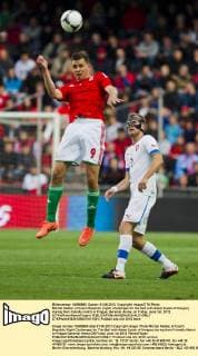 Michal Kadlec of Czech Republic (right) challenges for the ball with Adam Szalai of Hungary during their friendly match in Prague, Generali Arena, on Friday, June 1st, 2012. (CTKxPhoto RenexFluger)  CTKPhoto136201206011017001