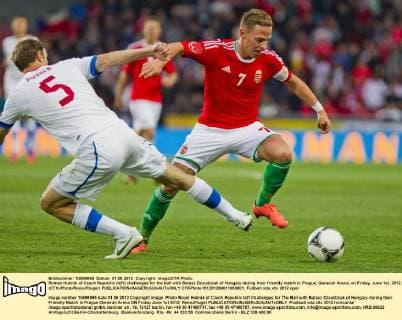 Roman Hubnik of Czech Republic (left) challenges for the ball with Balasz Dzsudzsak of Hungary during their friendly match in Prague, Generali Arena, on Friday, June 1st, 2012. (CTKxPhoto RenexFluger)  CTKPhoto151201206011008801