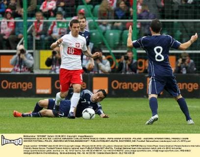 WARSZAWA 02.06.2012 N Z: LUDOVIC OBRANIAK CARLOS PEPPE MARCIO VIEIRA - PEPSI ARENA STADION - POLAND - ANDORRA INTERNATIONAL FRIENDLY GAME SOCCER FOOTBALL POLEN - ANDORRA NATIONALMANNSCHAFT  MAO120602_046