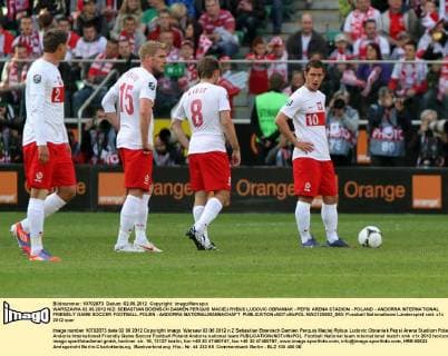 WARSZAWA 02.06.2012 N Z: SEBASTIAN BOENISCH DAMIEN PERQUIS MACIEJ RYBUS LUDOVIC OBRANIAK - PEPSI ARENA STADION - POLAND - ANDORRA INTERNATIONAL FRIENDLY GAME SOCCER FOOTBALL POLEN - ANDORRA NATIONALMANNSCHAFT  MAO120602_060