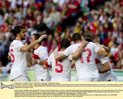 2 Jun 2012 - Lisbon, Portugal - Turkey team celebrating their goal during the last preparation soccer match between Portugal and Turkey, on June 2 in Luz Stadium Lisbon, before the beginning of the Euro 2012. 
