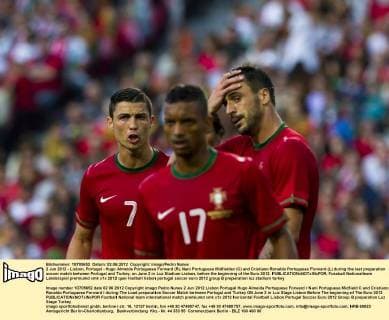 2 Jun 2012 - Lisbon, Portugal - Hugo Almeida Portuguese Forward (R), Nani Portuguese Midfielder (C) and Cristiano Ronaldo Portuguese Forward (L) during the last preparation soccer match between Portugal and Turkey, on June 2 in Luz Stadium Lisbon, before the beginning of the Euro 2012. 