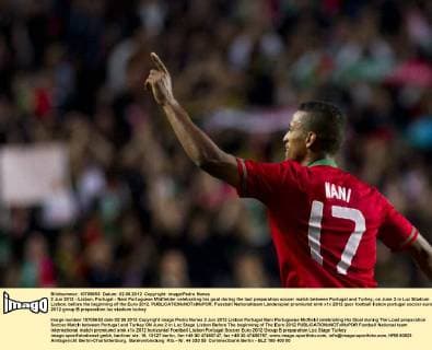 2 Jun 2012 - Lisbon, Portugal - Nani Portuguese Midfielder celebrating his goal during the last preparation soccer match between Portugal and Turkey, on June 2 in Luz Stadium Lisbon, before the beginning of the Euro 2012. 