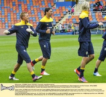 Stockholm Swedens national soccer team trains before friendly - in the picture Christian Wilhelmsson, Zlatan Ibrahimovic and Ola Toivonen - KPkod 08002 