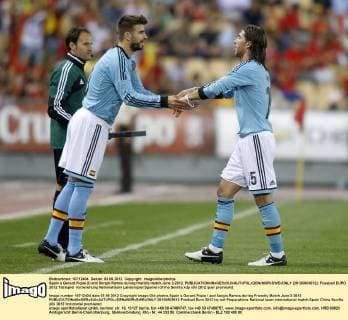 Spain s Gerard Pique (l) and Sergio Ramos during friendly match.June 3,2012.  (20120603612)