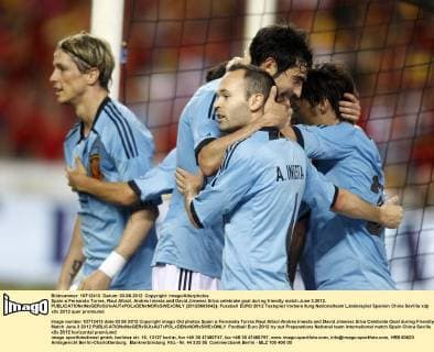 Spain s Fernando Torres, Raul Albiol, Andres Iniesta and David Jimenez Silva celebrate goal during friendly match.June 3,2012.  (20120603642)