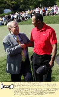 June 3, 2012 - Dublin, OH, USA - Jack Nicklaus greets Tiger Woods after coming off the 18th during the Memorial Tournament at the Muirfield Golf Club in Dublin, Ohio on June 3, 2012. Memorial Tournament - ZUMAm67