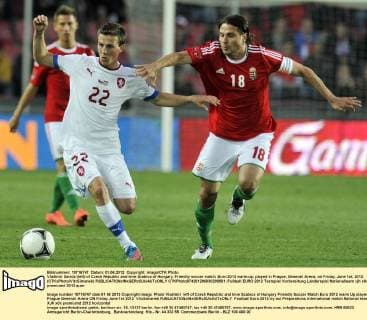 Vladimir Darida (left) of Czech Republic and Imre Szabics of Hungary. Friendly soccer match, Euro 2012 warm-up, played in Prague, Generali Arena, on Friday, June 1st, 2012. (CTKxPhoto VitxSimanek)  CTKPhoto974201206030208501