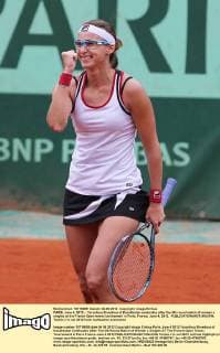 PARIS, June 4, 2012 -- Yaroslava Shvedova of Kazakhstan celebrates after the 4th round match of women s singles at the French Open tennis tournament in Paris, France, June 4, 2012. 