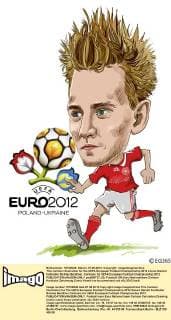 This cartoon illustration for the UEFA European Football Championship 2012 shows Danish footballer Nicklas Bendtner. Cartoons for UEFA European Football Championship 2012  pau659727_02