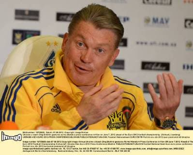 Ukraine s coach Oleg Blokhin gestures as he attends a press conference in Kiev on June 7, 2012 ahead of the Euro 2012 football championship. (Xinhua Li Jundong) UKRAINE-KIEV-EURO 2012-PRESS CONFERENCE-BLOKHIN 