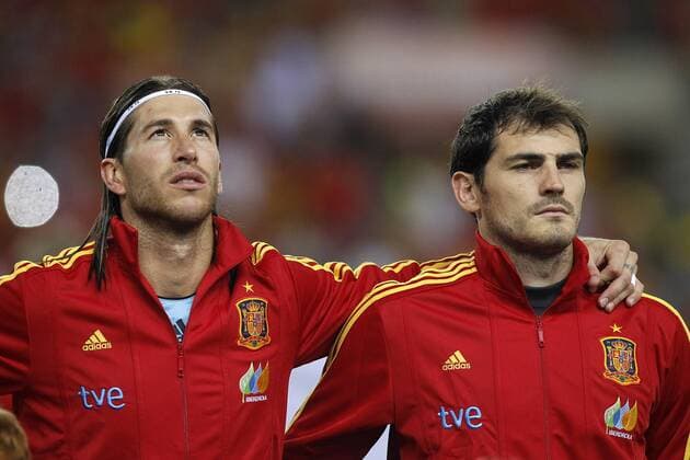 Spain s Sergio Ramos (l) and Iker Casillas during friendly match.June 3,2012.  (20120603698)