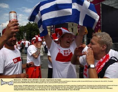 Polish fans and Greek fans together before the game for Euro 2012 between Greece and Poland in Warsaw on 8th of June 2012 Poland vs Greece for Euro 2012