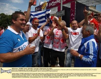 Polish fans and Greek fans together before the game for Euro 2012 between Greece and Poland in Warsaw on 8th of June 2012 Poland vs Greece for Euro 2012