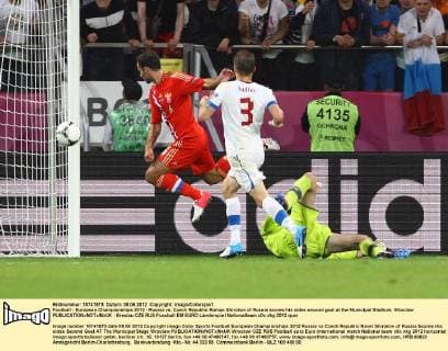 Football - European Championships 2012 - Russia vs. Czech Republic Roman Shirokov of Russia scores his sides second goal at the Municipal Stadium, Wroclaw 